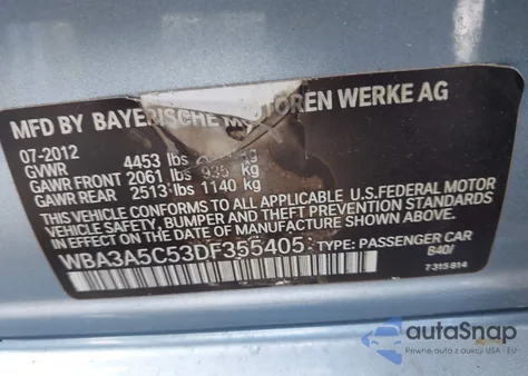 2013 BMW 328I из США, поврежденный, VIN WBA3A5C53DF355405